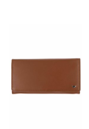 Portefeuille en cuir marron avec fermeture à rabat et petit logo métallique tête de taureau en bas à droite, isolé sur fond blanc.