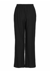 Melni, platleģi bikses ar elastīgu jostu. Izgatavotas no viegla, teksturēta auduma, ar krokām gar sāniem.