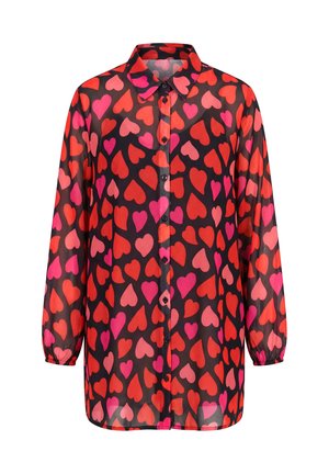 Camicia nera a maniche lunghe con bottoni, motivo a cuori rossi, rosa e arancioni e polsini elastici sulle maniche.