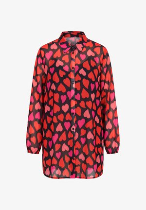 Schwarzes Hemd mit langen Ärmeln, Knopfleiste, mit roten, rosa und orangenen Herzmustern und elastischen Ärmelbündchen.