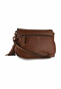 Braune Leder-Umhängetasche mit strukturierter Oberfläche, Reißverschlussfach und Quastenakzent. Sie verfügt über kontrastierende Nähte und einen verstellbaren Gurt.