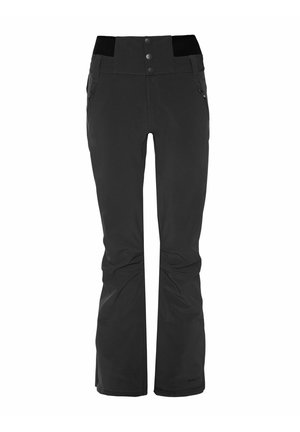 Black ski pants with a high waistband, featuring two front pockets, snap buttons, and a smooth texture. Designed for winter sports use.