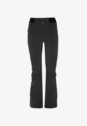 Pantalones de esquí negros con una cintura alta, que cuentan con dos bolsillos frontales, botones de presión y una textura suave. Diseñados para su uso en deportes de invierno.