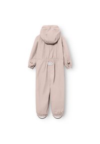 Lichtbeige waterdichte jumpsuit met capuchon, elastische manchet en tailleband, voorzien van een label op de rug en een gladde, gestructureerde stof.