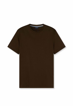 Donkerbruine T-shirt met korte mouwen en een ronde hals met een klein label op de kraag op een witte achtergrond.