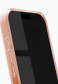 Przezroczyste etui na telefon w kolorze różowego złota, wykonane z przezroczystego plastiku, pokrywające ekran czarnego smartfona, z bocznymi przyciskami i wycięciem na aparat.