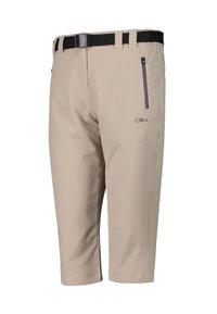 Beige shorts med bælte, lavet af et glat stof. Har en lynlåslomme og logo-detalje på forsiden. Knælangt design.