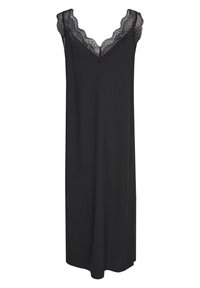 Robe noire sans manches avec bordure en dentelle festonnée le long du décolleté en V et des épaules, coupe droite fluide, longueur mi-mollet.