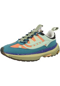 Multicolored sneaker featuring teal, orange, and light green suede, a textured sole with purple accents, and a distinctive chunky design.