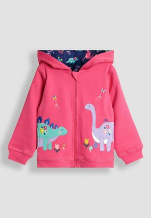 Pink zip-up hoodie with dinosaur embroidery on the front, featuring a colorful patterned interior lining and playful floral accents.