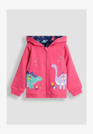 Roza zip-up izdelana kapuca z vezenino dinozavra spredaj, ki vključuje barvito vzorčasto podlogo in igrive cvetlične dodatke.