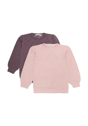 To sweatshirts: en mørk lilla og en lys rosa. Begge har lange ermer, ribbestrikkede mansjetter, rund hals og frontlommer.