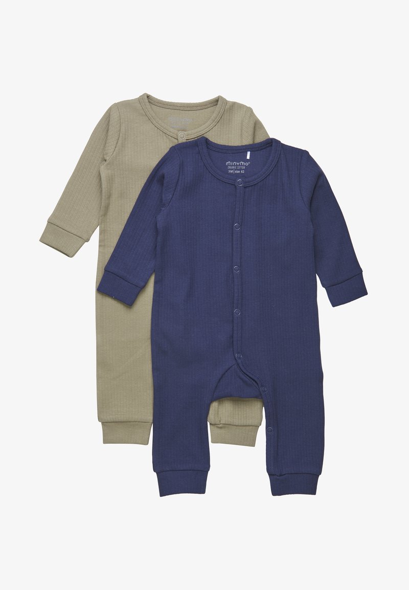 Twee lange mouwen rompers: één olijfgroen, de andere marineblauw. Beide hebben een ribbelstructuur en knoopsluitingen aan de voorkant voor eenvoudige aankleding.