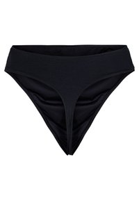 Črni visokotarak bikini spodnji del z gladko, elastično teksturo. Ima guban dizajn in brezšivne robove za udobje.