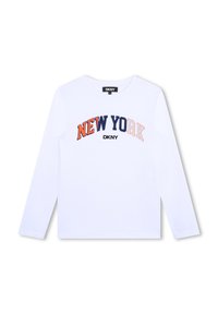 T-shirt à manches longues blanc avec "NEW YORK" imprimé en marine et orange sur la poitrine. Fabriqué en coton léger.