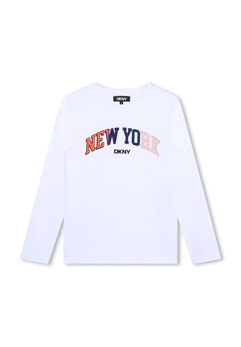 T-shirt à manches longues blanc avec "NEW YORK" imprimé en marine et orange sur la poitrine. Fabriqué en coton léger.