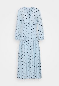 Robe midi à manches longues bleu clair avec des pois noirs, décolleté en V, devant boutonné, poignets élastiques, et taille ainsi que jupe froncées.