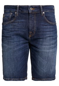 Pantalones cortos de mezclilla en azul oscuro con costura sutil en la cintura, diseño de cinco bolsillos y corte recto. Incluye un cierre frontal con botón.