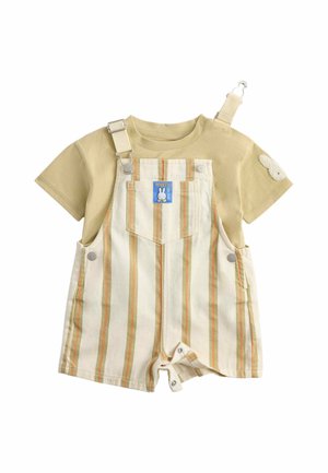Beige kortærmet skjorte med stribede beige og orange korte overaller med frontlomme og cartoon kanin-patch.