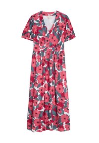 Midiklänning med röd och rosa blommönster, korta puffärmar, V-ringning och samlad midja på en vit bakgrund.