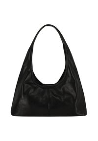 Sort læder hobo taske med et bredt, buet håndtag og en blød, struktureret form. Indeholder diskrete sømme og en glat, mat tekstur.