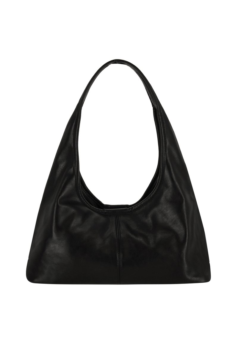 Sort læder hobo taske med et bredt, buet håndtag og en blød, struktureret form. Indeholder diskrete sømme og en glat, mat tekstur.