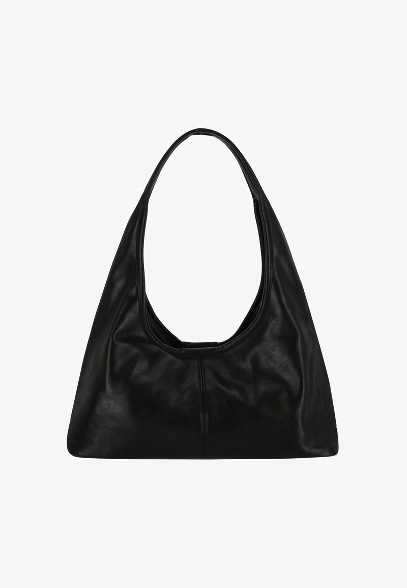 Bolso hobo de cuero negro con un asa ancha y curva y una forma suave y estructurada. Presenta costuras discretas y una textura lisa y mate.