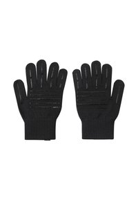 Czarne dzianinowe rękawiczki z pięcioma palcami, z teksturowanymi liniami uchwytu na dłoni. Materiał jest elastyczny i dobrze przylega do dłoni.