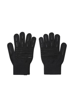Czarne dzianinowe rękawiczki z pięcioma palcami, z teksturowanymi liniami uchwytu na dłoni. Materiał jest elastyczny i dobrze przylega do dłoni.