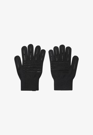 Czarne dzianinowe rękawiczki z pięcioma palcami, z teksturowanymi liniami uchwytu na dłoni. Materiał jest elastyczny i dobrze przylega do dłoni.