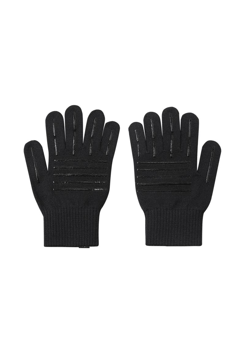 Czarne dzianinowe rękawiczki z pięcioma palcami, z teksturowanymi liniami uchwytu na dłoni. Materiał jest elastyczny i dobrze przylega do dłoni.