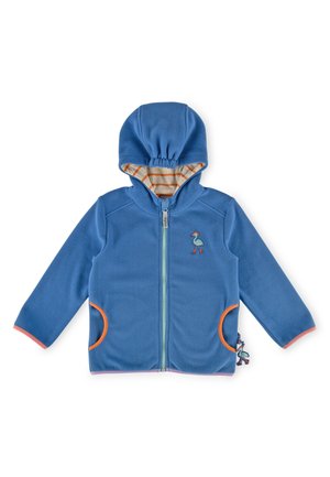 Blaue Fleecejacke mit einem Reißverschluss vorne, einer Kordelzugkapuze, orangefarbenen Akzenten an den Taschen und Ärmelbündchen sowie einem gestreiften Futter in der Kapuze.