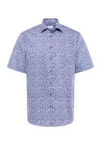 Korte mouwen knoophemd in blauw-wit bloemmotief, gemaakt van lichte stof, heeft een klassieke kraag en zeven knopen.