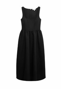 Schwarzes ärmelloses Kleid mit tailliertem Oberteil und gerafftem Rock. Verfügt über einen Reißverschluss auf der Rückseite. Hergestellt aus glattem Stoff mit einem schlichten Design.