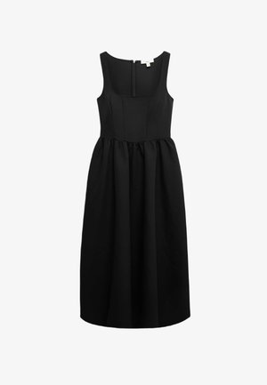 Abito nero senza maniche con corpetto aderente e gonna arricciata. Presenta una cerniera sul retro. Realizzato in tessuto liscio con un design semplice.