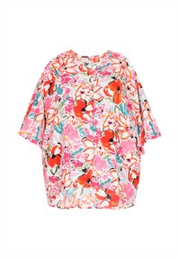 Kwiatowa tunika w jaskrawych odcieniach różu, czerwieni i zieleni. Posiada luźny krój, krótkie rękawy oraz okrągły dekolt z zapięciem na guzik.