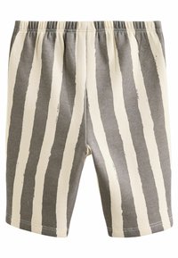 Baumwollshorts mit grauen und cremefarbenen vertikalen Streifen, mit einem elastischen Bund und einem weichen, strukturierten Stoff.