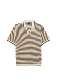 Polo en maille à manches courtes avec des rayures horizontales beige et blanches et un col blanc bordé de beige.
