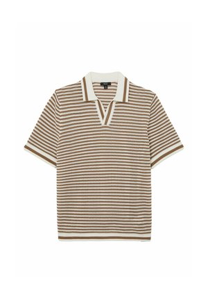 Kortærmet strikket polo med beige og hvide vandrette striber og en hvid krave med beige kant.