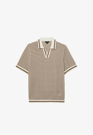 Polo tričko s krátkym rukávom z pleteného materiálu s béžovými a bielymi horizontálnymi pruhmi a bielym golierom s béžovým lemovaním.