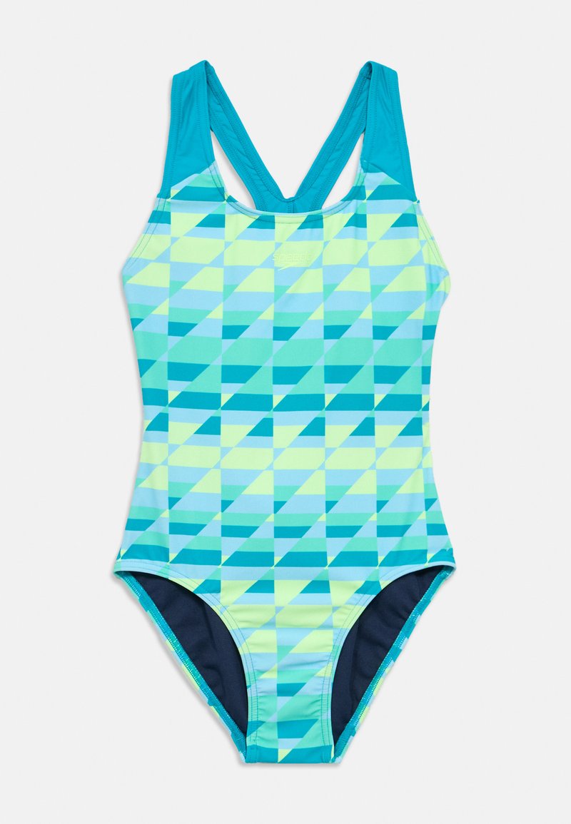 Μαγιό ολόσωμο με γεωμετρικό μοτίβο σε αποχρώσεις του μπλε και πράσινου, με σχεδιασμό racerback και εσωτερική επένδυση σε σκούρο μπλε.
