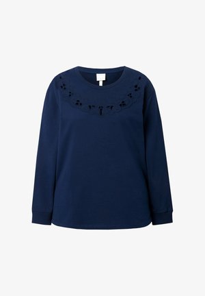 Marineblauw sweatshirt met lange mouwen, voorzien van een geborduurde halslijn met uitsnijdingen. Zachte stof met een relaxte pasvorm en een ronde halsontwerp.