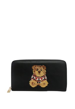 Portafoglio nero con zip su tutto il perimetro con un orsacchiotto testurizzato che indossa un maglione decorato al centro davanti.