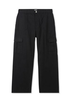 Pantaloni cargo neri in cotone, con un design a gamba larga, numerose tasche e chiusura a bottone in vita.
