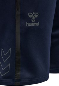 Marina idrottsshorts med en slät yta, utrustade med en svart sidokjol, reflekterande grå logotyp och chevronmönster på vänster ben.