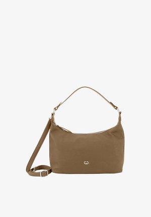 Brązowa torba na ramię z zamkiem błyskawicznym, z odpinanym paskiem na ramię i małym metalowym logo z przodu.