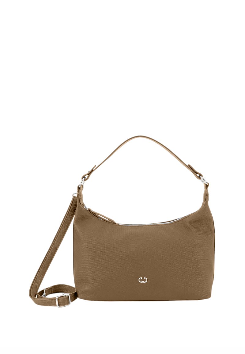 Braune Stoff-Schultertasche mit einem Reißverschluss, ausgestattet mit einem abnehmbaren Schultergurt und einem kleinen metallischen Logo auf der Vorderseite.