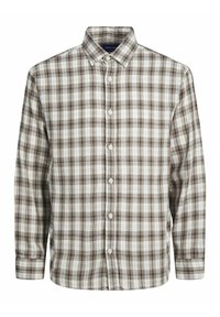 Brun och vit rutmönstrad knäppt skjorta gjord av vävt tyg. Har långa ärmar, krage och knappar fram. Texturen ser mjuk ut.