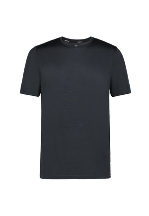 Ein schlichtes schwarzes T-Shirt mit kurzen Ärmeln und Rundhalsausschnitt sowie glatter Textur, präsentiert vor weißem Hintergrund.
