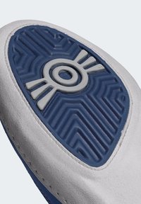 Sko sula med ett grått gummi-material och ett strukturerat blått greppmönster samt ett cirkulärt emblem i mitten.